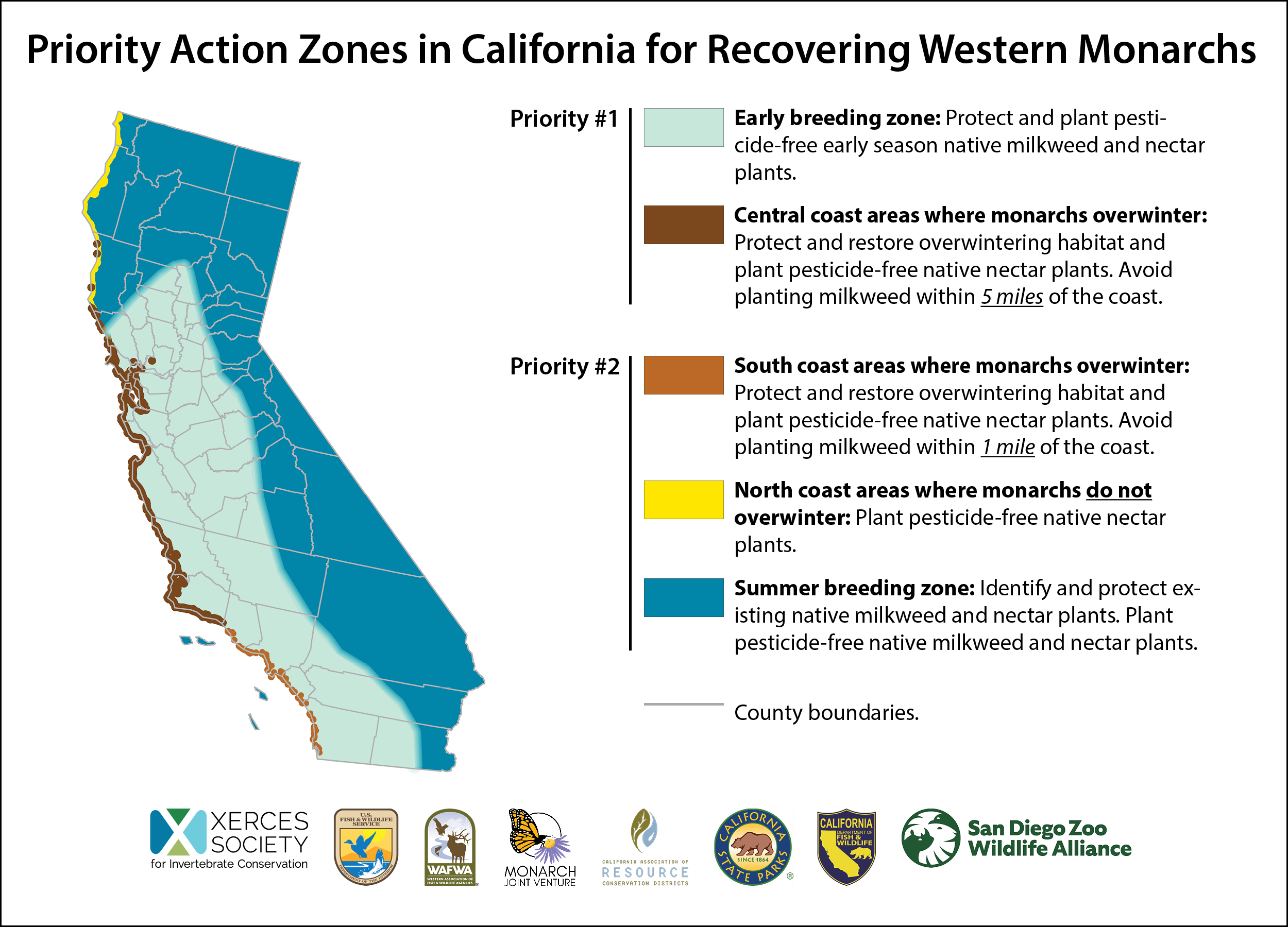 Map of western monarch call to action priority zones, with high priority placed on coastal overwintering sites and early breeding zones several hundred miles east and north of the coast.