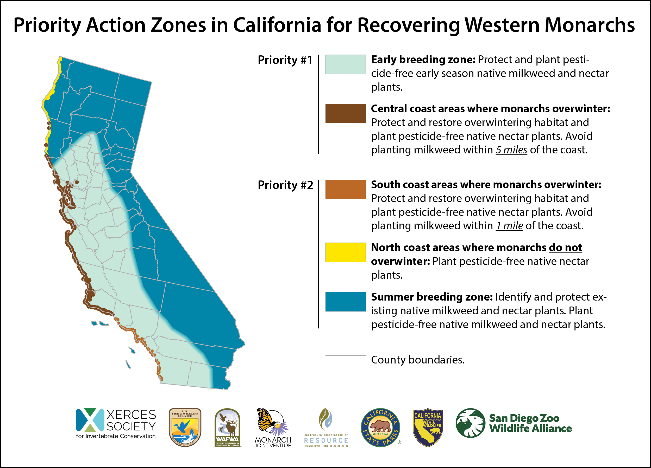 Map reiterating milkweed and nectar plant guidance described in the blog