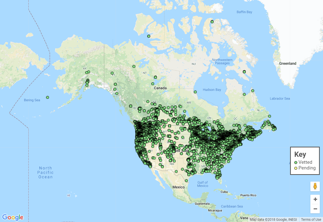 A map of North America shows green dots filling much of the United States, with some reaching into Canada.