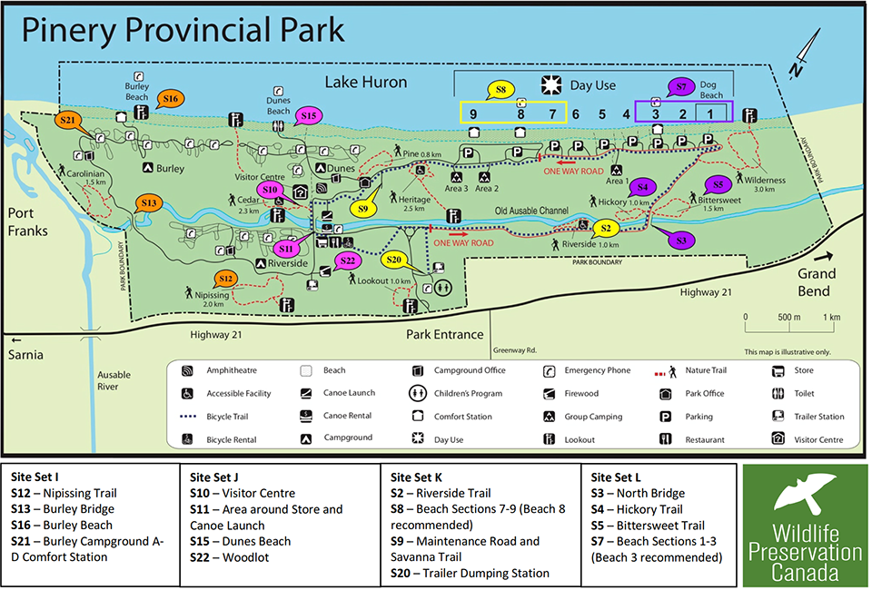 A map shows Pinery Provincial Park with various points of interest labeled.