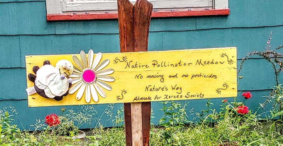 A handmade yellow garden sign reads: "Native Pollinator Meadow. No mowing and no pesticides. Nature's way. Advocate for Xerces Society."