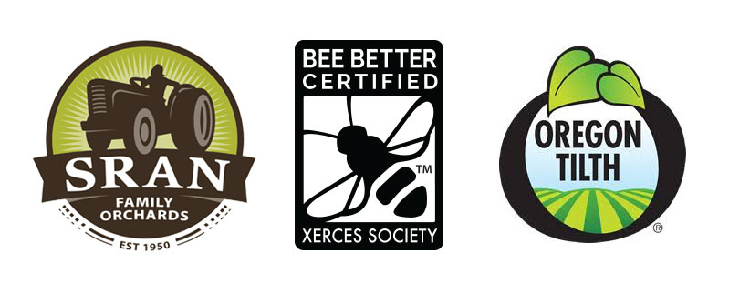 The Sran Family Orchards logo (featuring a tractor), the Bee Better Certified logo (featuring a stylized bee), and the Oregon Tilth logo (featuring tilled green rows) are shown.