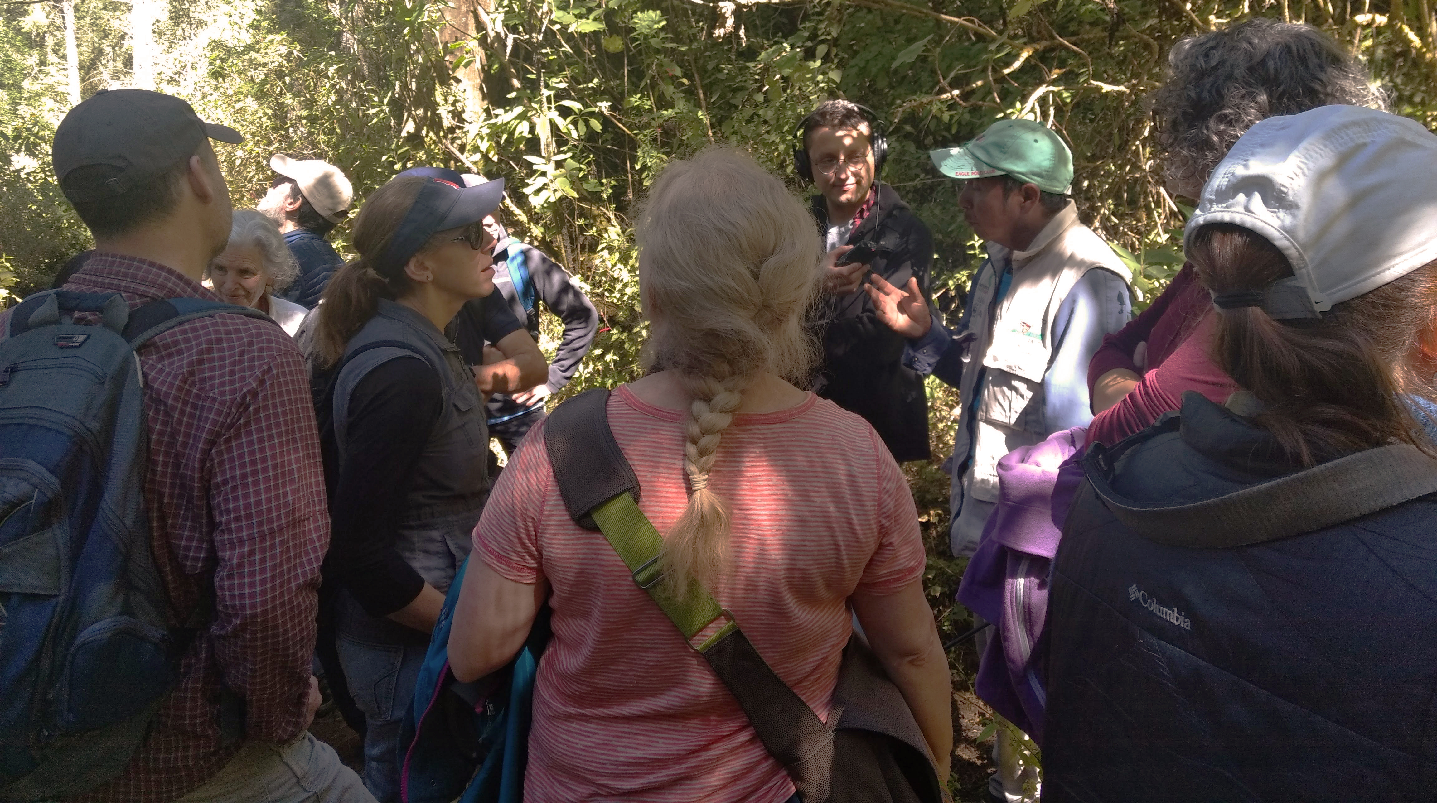 A group of monarch scientists standing in the forest in a circle talking.
