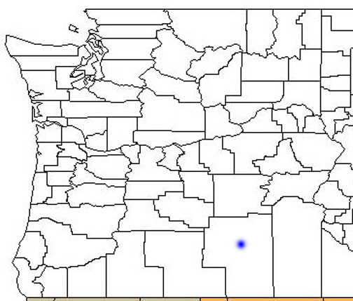 A map of Oregon showing county outlines and the location of the population of the Harney hot spring shore bug