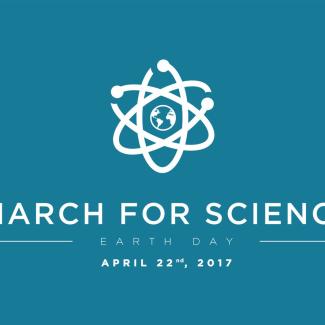 The March for Science logo, modeled after an atom, is shown.