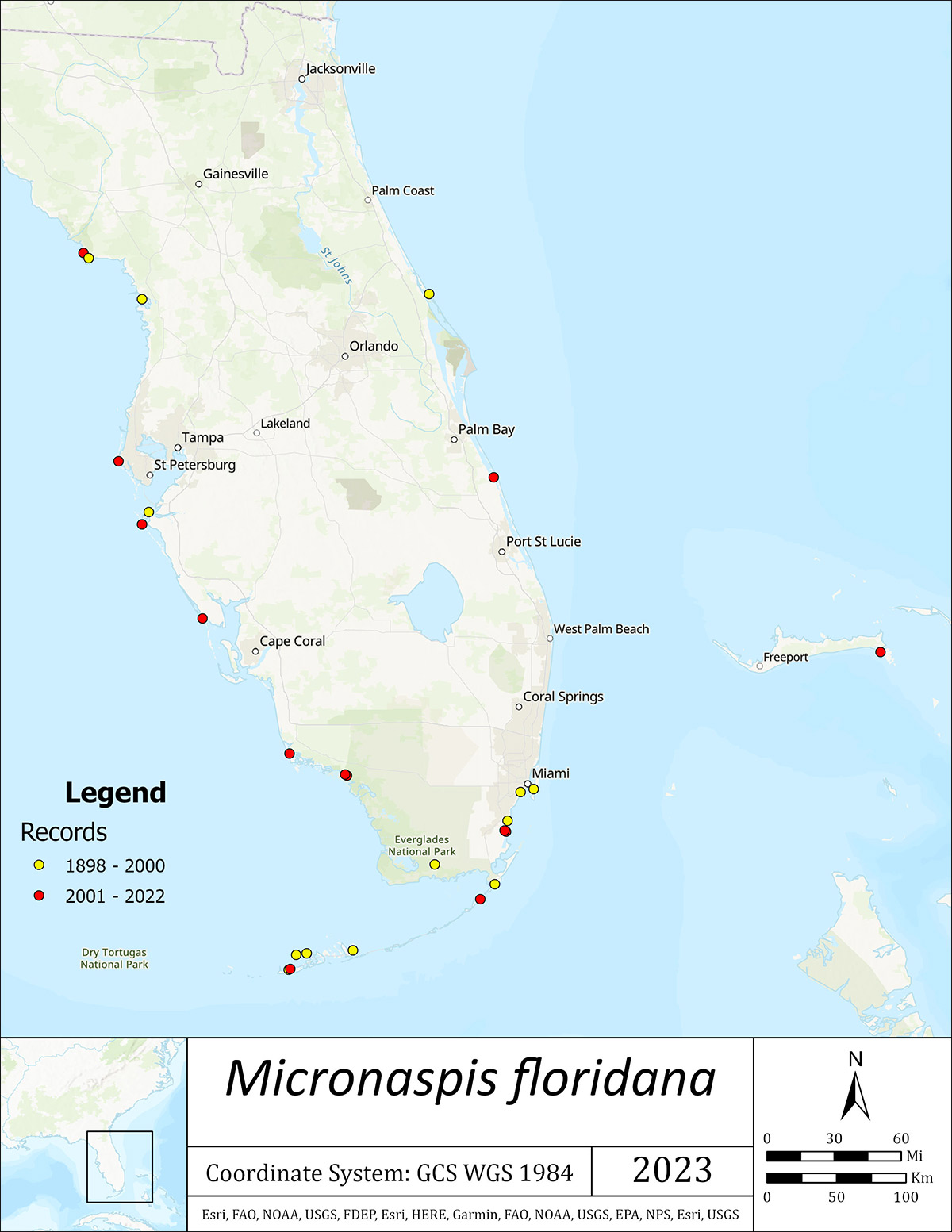 Sites mapped on coastal Florida and the Bahamas