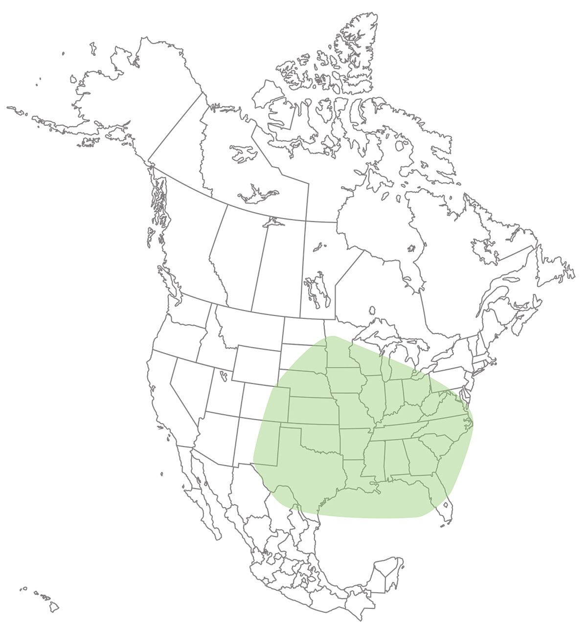 Map of North America indicating a range inclusive of most of the eastern United States, including east of the Rockies and from the Dakotas south to the Gulf Coast. 
