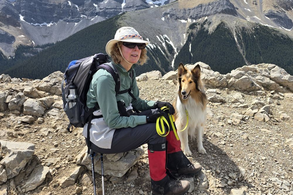woman in hiking gear sits near her collie dog on top of a mountain summit