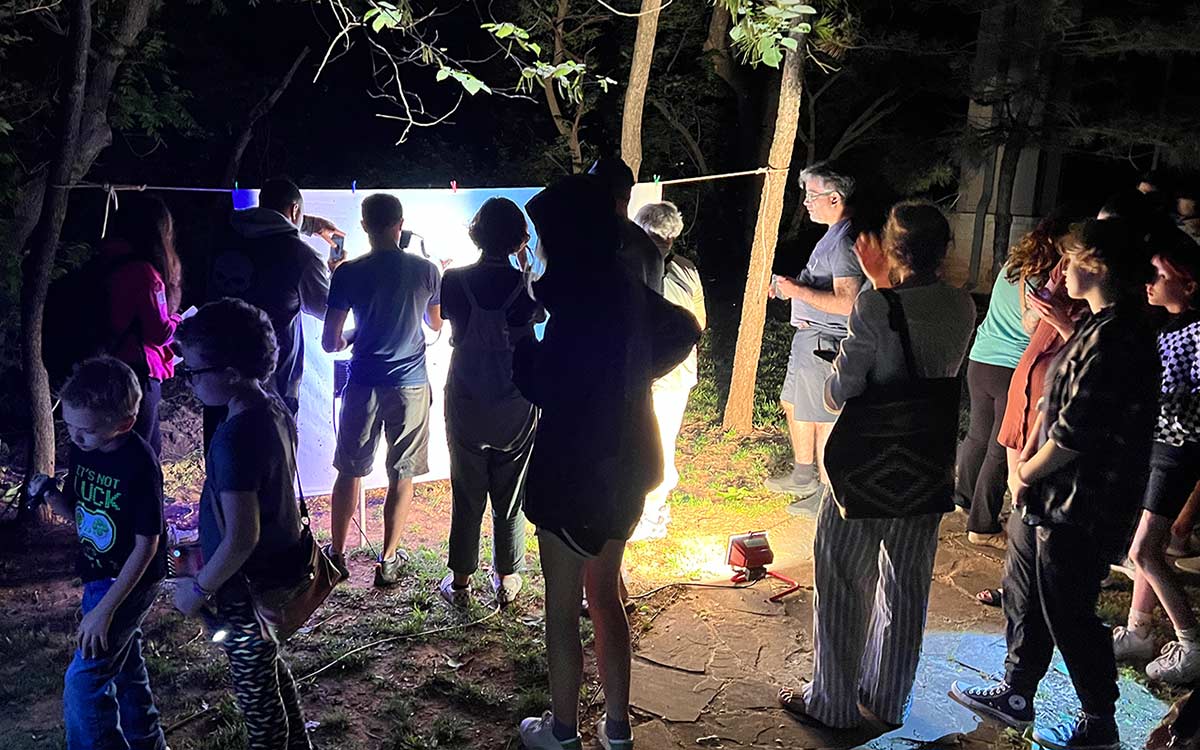  A group of people gathered around a moth light in a park at a National Moth Week event.