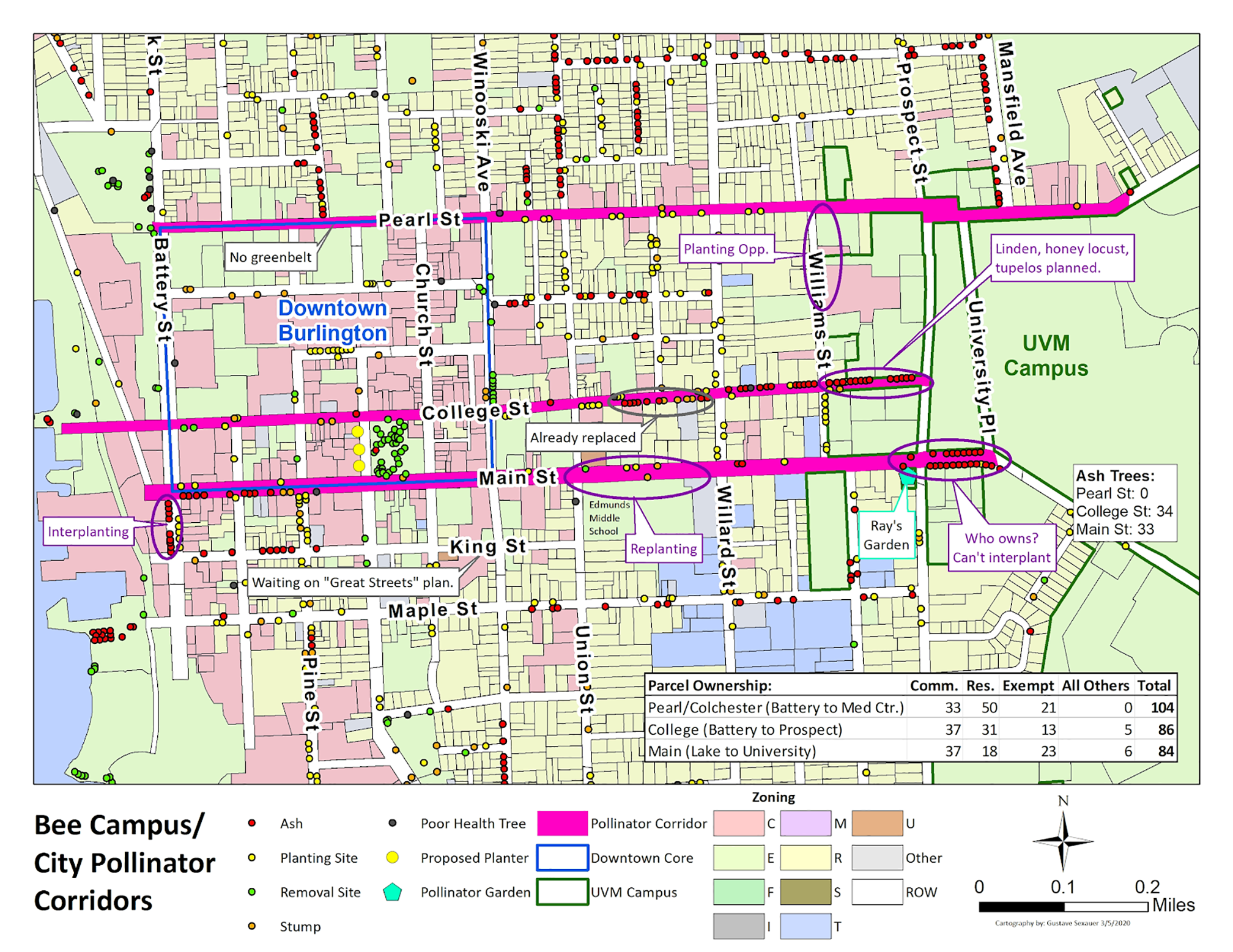 A street map showing the location of pollinator gardens making a habitat corridor across the town