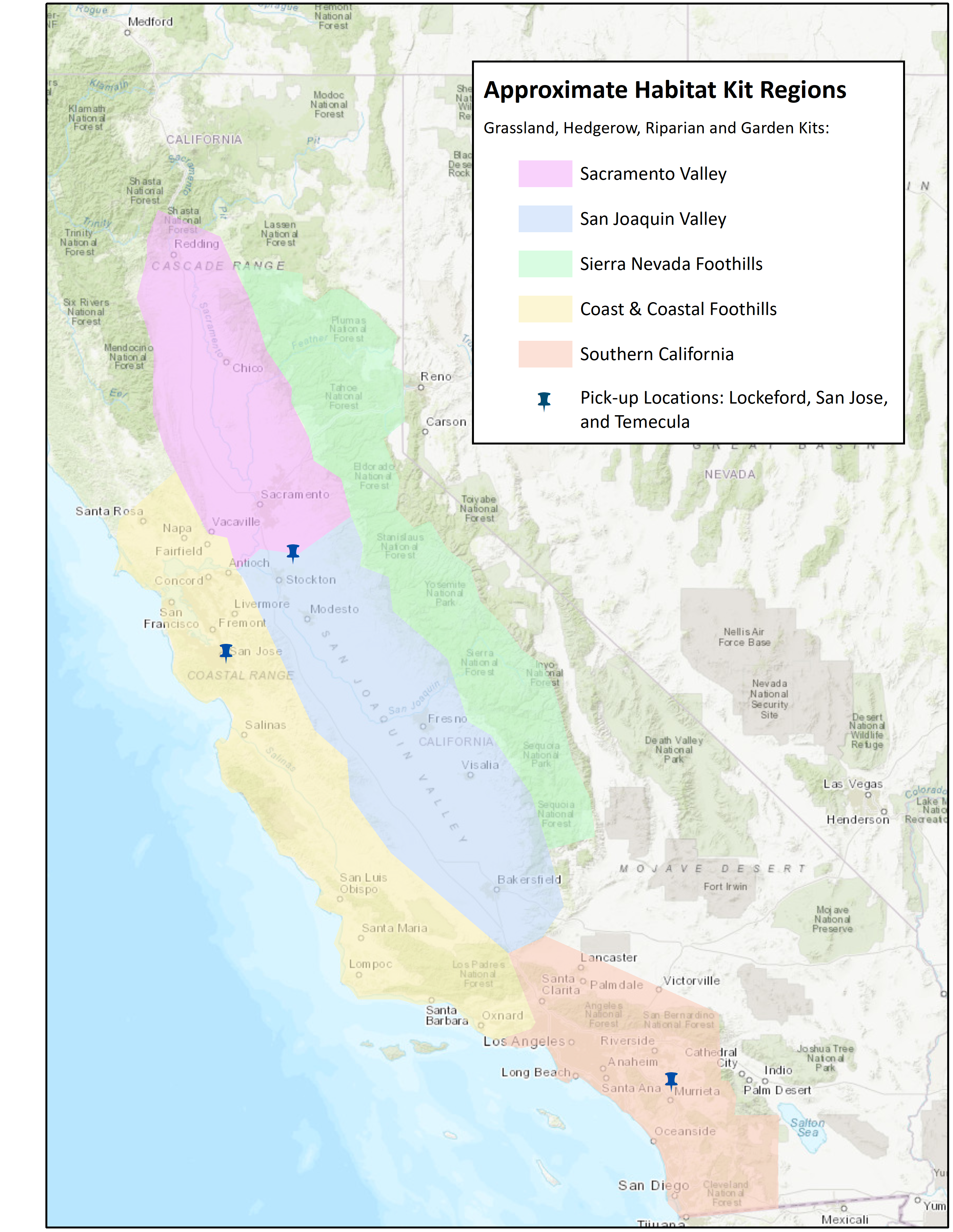 "Map of habitat kit regions in California, showing sites in the Sacramento, San Joaquin, Sierra Nevada Foothills, and Coast and Coastal Foothills regions, as well as Southern CA. Map includes pick-up sites in Lockeford, CA and Valley Center, CA. "