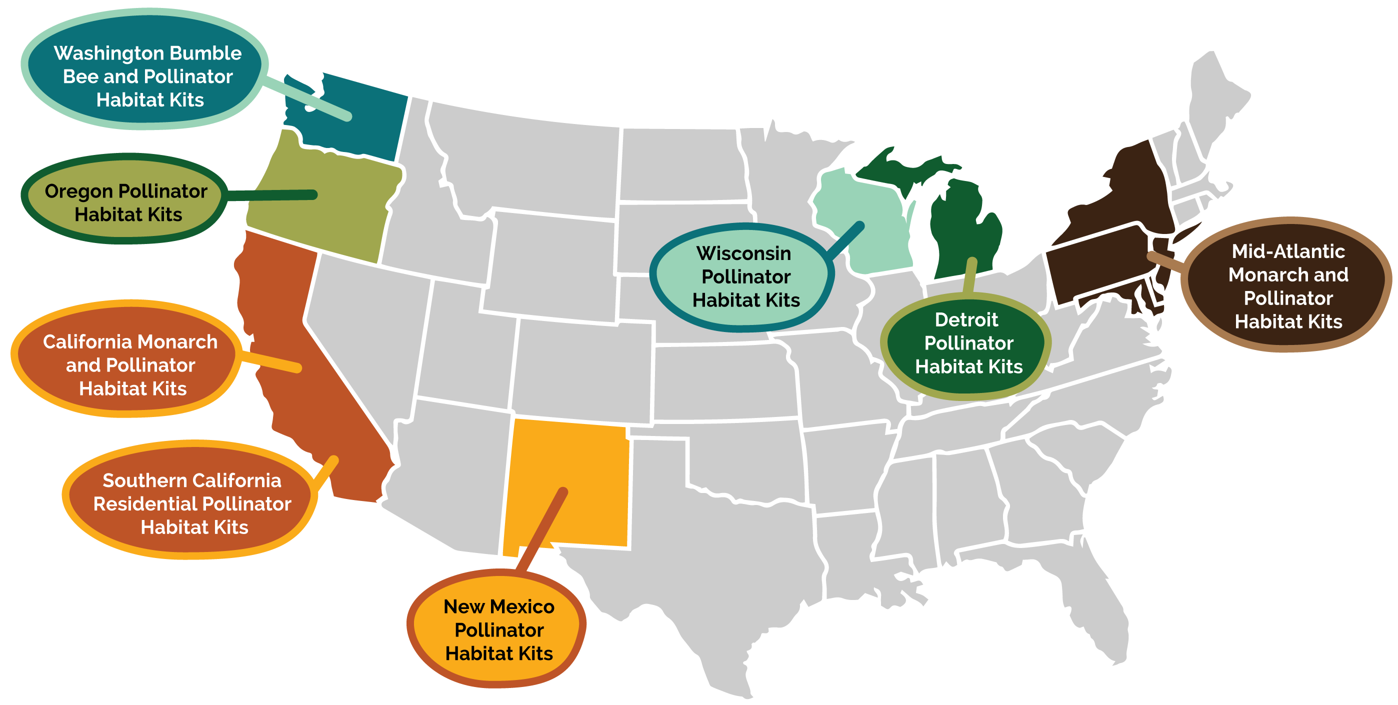 A map with the states shaded for each Xerces Pollinator Habitat Kit Program region.