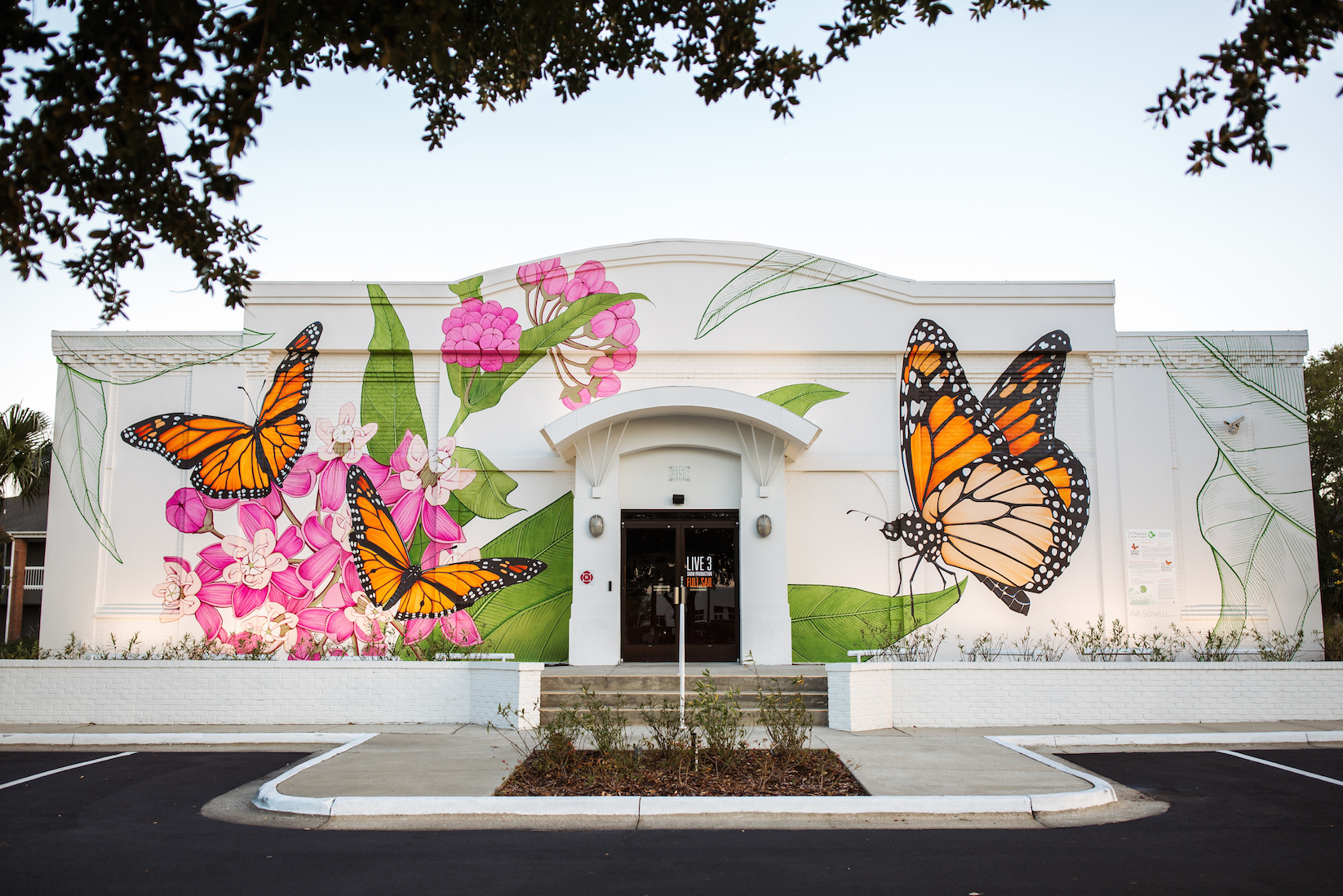 This mural, called "Milkweed Galaxy", features swamp milkweed and monarch butterflies at Full Sail University in Winter Park, Florida.
