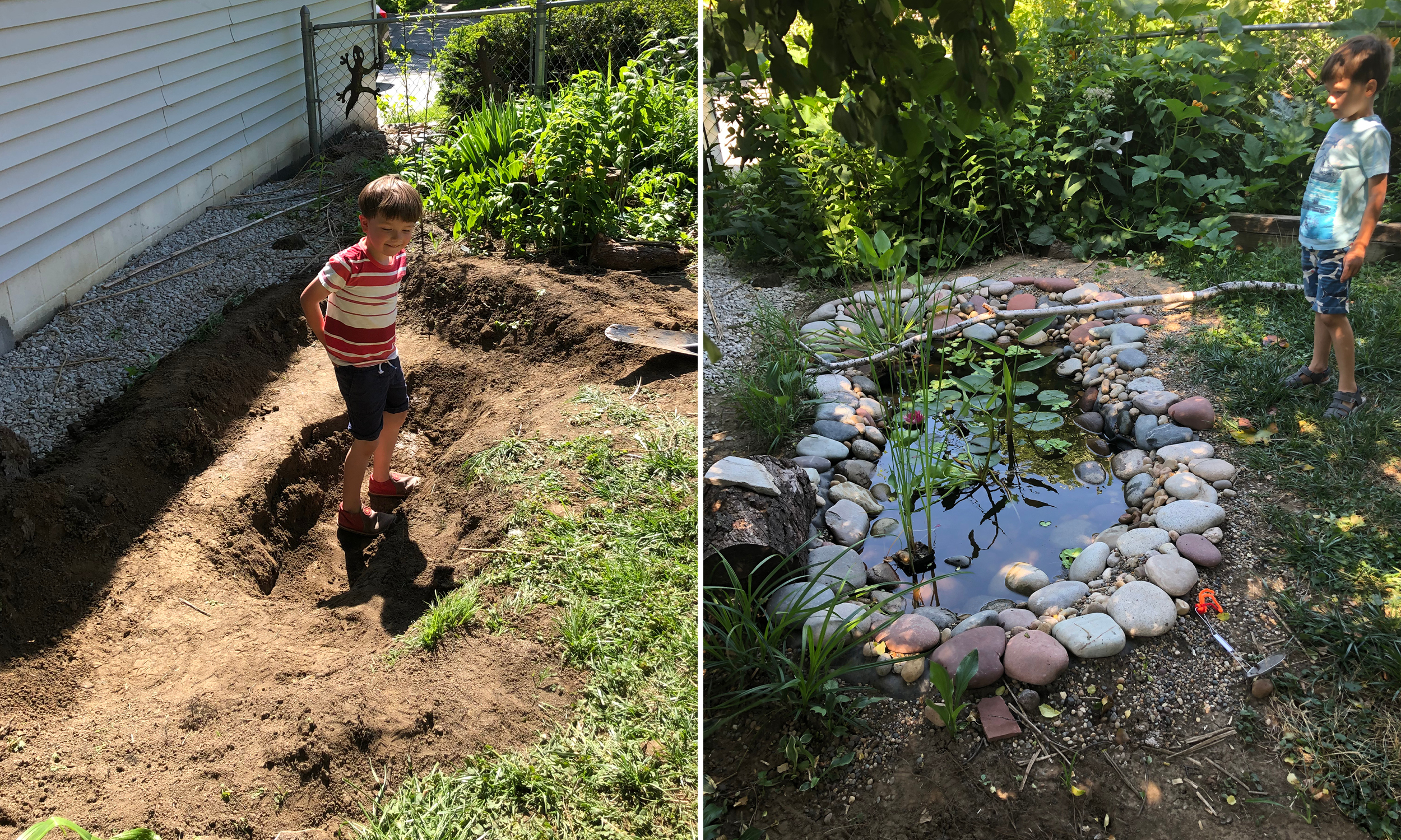 A pair of photos showing the pond while being dug into the bare dirt (left) and the completed pond with lily pads and other plants growing in it (right)