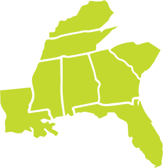 A map of the Southeast Region is shown: Kentucky, Tennessee, South Carolina, Georgia, Florida, Mississippi, Alabama, and Louisiana. This map is bright green.