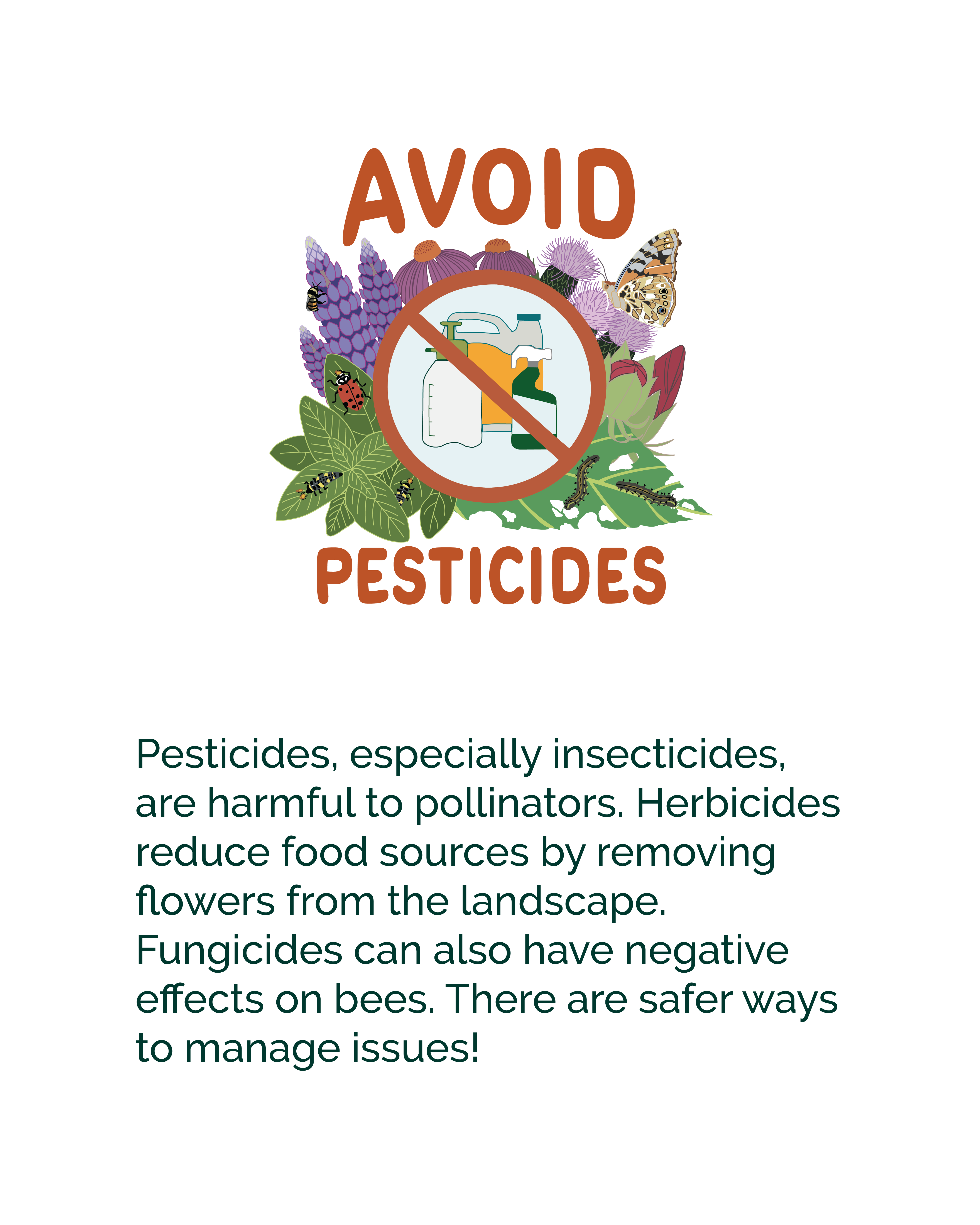 Social media graphic encouraging people to avoid pesticides, with an illustration of pollinator-friendly plants, insects, caterpillars, a butterfly, and a crossed-out pesticide bottle. Text explains that pesticides, especially insecticides, are harmful to pollinators; herbicides remove flowers that pollinators need for food; and fungicides can negatively affect bees