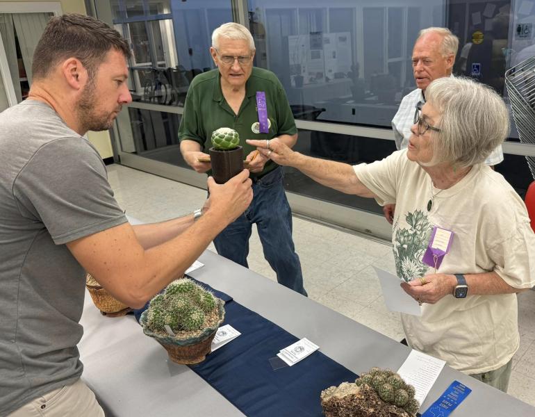A man holds a potted cactus for 3 judges to view at a plant show and sale