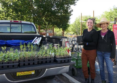 Folks standing next to a truck bed full of nursery plants