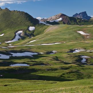 Patches of snow remain all year on the green grass slopes of the San Juan Mountains of Colorado